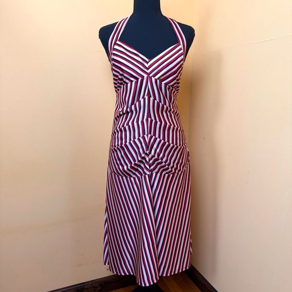 Vtg Y2K Betsey Johnson Halter Dress L Red Black Stripe Ruched Midi Made In USA